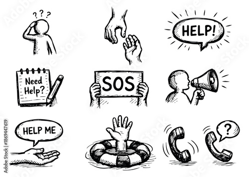 Hand drawn line art help and assistance icon set featuring hands, people, SOS message, and communication symbols for seeking support