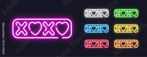 Neon illustration of XOXO with hearts in six glowing versions, perfect for love, greetings or Valentines design.