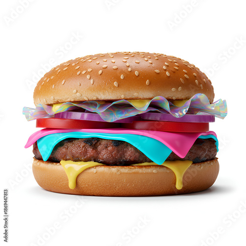 Colorful Cheeseburger with Melted Cheese and Vegetables on Sesame Seed Bun Isolated on White