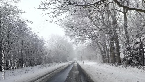 View from a car driving on icy road in winter , trees covered with snow 