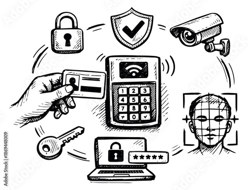 Hand drawn security icons set featuring a padlock, shield, camera, ID card, biometric scan, and password for modern data protection