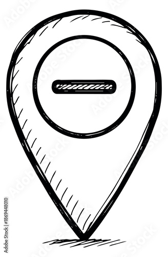 Hand drawn line art illustration of a location pin depicting a minus sign for navigation apps