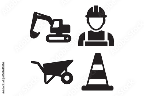 Construction Worker and Equipment Icons Set