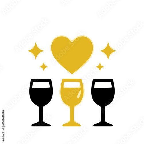 A golden heart floats above three wine glasses on a white background, representing celebration and love in a joyous setting