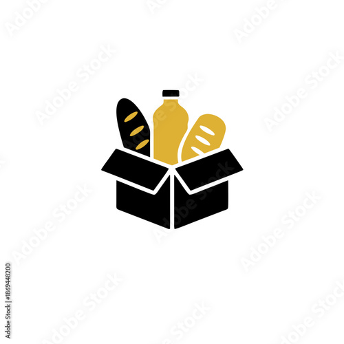 Food box vector illustration of groceries and bread in a carton for delivery or online ordering