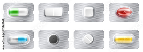 Realistic blister packs pharmaceutical with tablets and capsules. Medical painkiller. Prescription remedy 3D package. Antibiotic wrap top view. Vector set of medicines in foil packaging