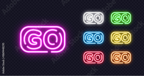 Colorful neon signs with GO text inside rounded frames, great for dynamic or motivational content.