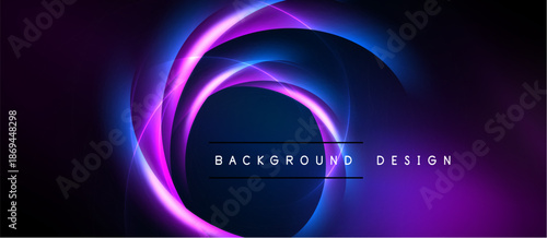 Abstract neon circles overlap dark background. Vibrant purple, blue hues create modern design element. Text reads background design.