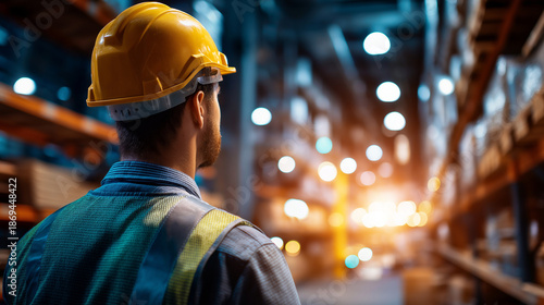 Faceless worker in safety helmet looking towards brightly lit warehouse, industrial environment with shelves and bokeh lights, facility overview, with copy space