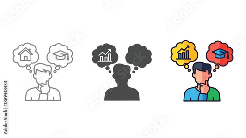 Stylized graphic set illustrating a person contemplating significant life decisions involving financial growth versus educational pursuits or real estate investment