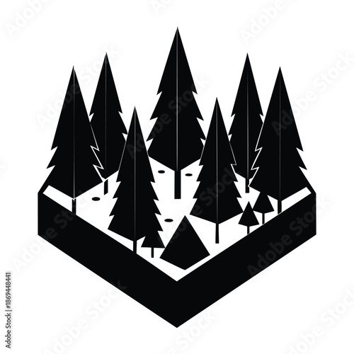 Silhouette of a forest with pine trees in a 3d box shape on a white background