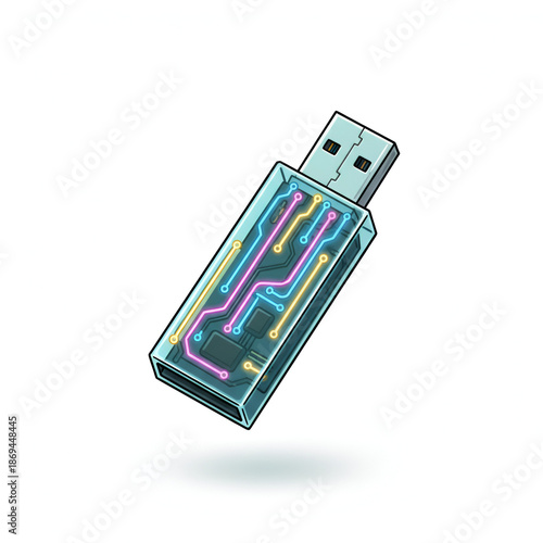 USB Flash Drive with Neon Circuitry Isolated on White Background