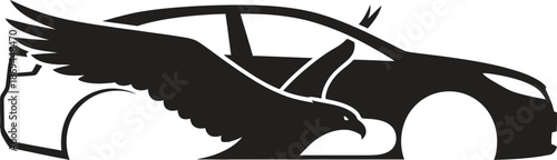 A black and white illustration of a car with an eagle flying over it