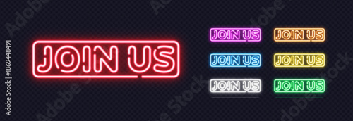 A colorful set of neon join us signs glows with bright light and creates an inviting mood. The vibrant palette adds a modern and energetic feel.