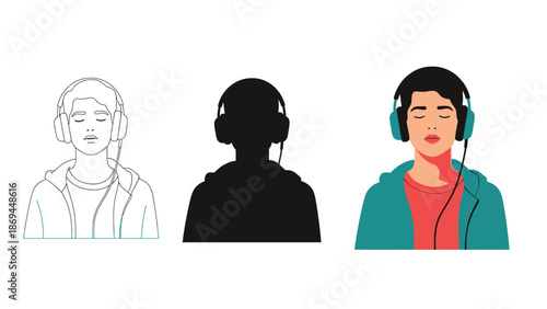 Set of three visual styles depicting a young man wearing over-ear headphones experiencing a moment of musical immersion or deep concentration