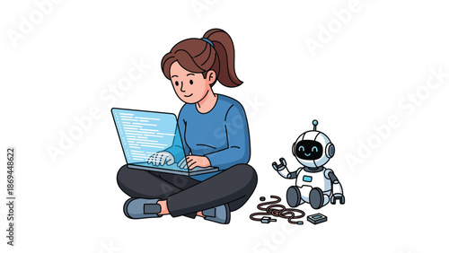 Girl Engaged in Coding with a Friendly Robot Companion