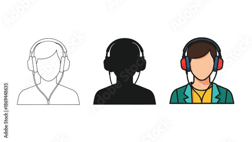 Collection of stylized human head icons all featuring large over the ear headphones presented in outline silhouette and full color vector graphic formats