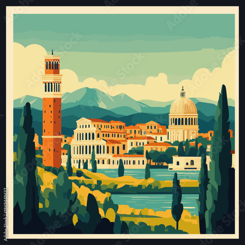 Stylized Illustration of Famous Italian Landmarks