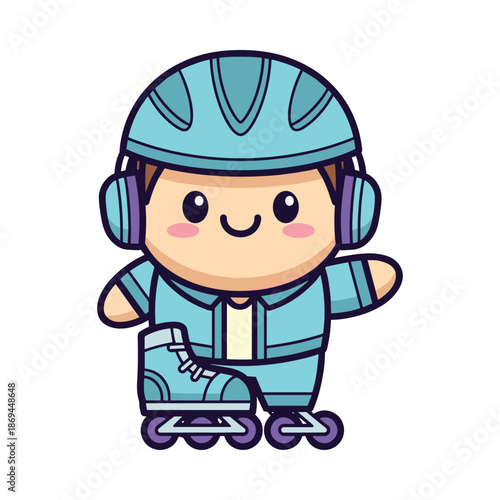 Cartoon Boy on Roller Skates with Helmet