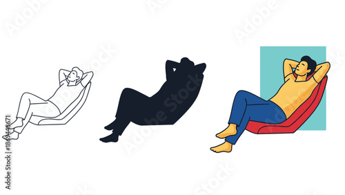 Man relaxing comfortably on a reclining chair illustrating different styles including line art silhouette and full color illustration for various design needs