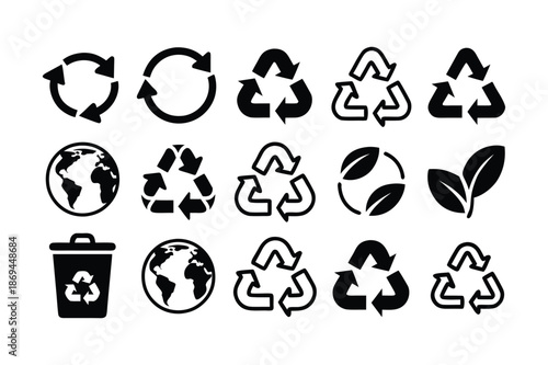 Collection of eco friendly symbols and logos including recycling icons and silhouette