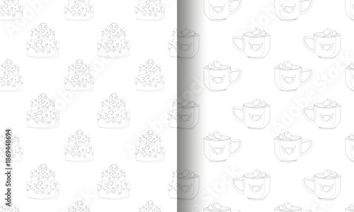 Set of two seamless Valentine s Day patterns tiered cakes with heart decorations and mugs with winged hearts and marshmallows. Perfect for festive wrapping paper and romantic designs