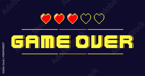 Pixel text with red heart on dark background. Game over inscription. Life bar in computer GUI. Failure console graphic. Pause UI. Character death. Retro arcade style. Vector banner design