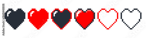 Pixel heart icon. Pixelated symbol of love and Valentines day. 8 bit arcade game. Red and black amour shapes. Silhouette or contour sweethearts. Romantic passion. Vector flat signs set