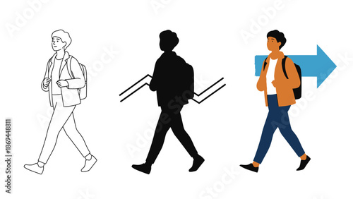 Progression of a young male traveler carrying a backpack shown through outline silhouette and full color illustration with a forward direction arrow symbol