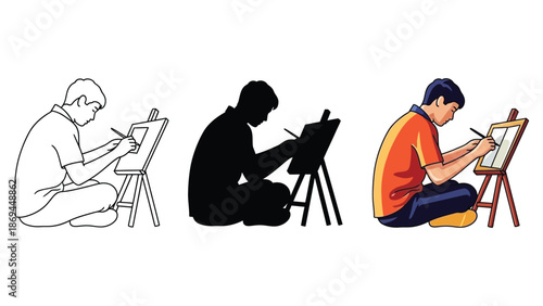 Collection of graphic styles illustrating a young male artist sitting cross legged while intently focused on drawing or painting upon a portable wooden easel structure