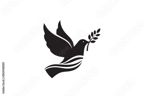 Black silhouette of a dove flying with olive branch vector illustration on transparent background