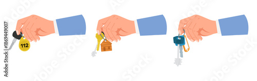Hands holding keys to house, locker or hotel room. Human arms giving gesture. Latchkey on realtors and owners palms. Building purchase. Rental home. Safe keyring. Vector lock openers set