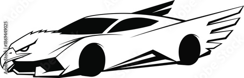A sleek black and white illustration of a sports car with eagle wings and a bird's head