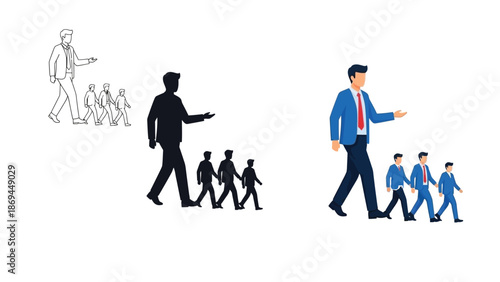 Business concept showing a large leader figure guiding smaller team members through different stages of style like outline silhouette and flat color illustration