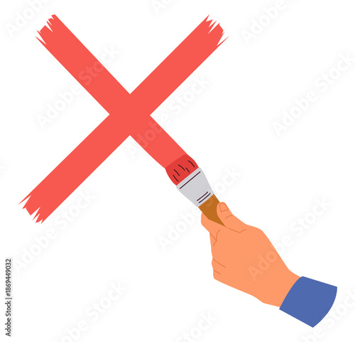 Hand with paintbrush drawing red cross on wall. Arm holding brush and painting graffiti. Stop or rejection icon. Negative prohibition symbol. Dislike and incorrect mark. Vector concept