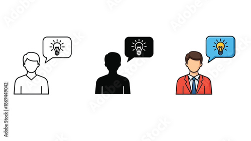 Collection of three different style icons representing a person having a brilliant idea or innovative thought with a glowing lightbulb inside a speech bubble