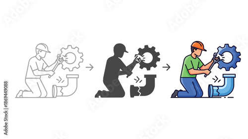 Visualization of a repair process showing a technician using a wrench to fix a broken pipe connection integrated with a mechanical gear system element