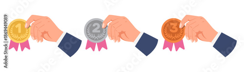 Hand holds medals for first, second and third place in competition. Awarding winners. Sport tournament. Victory ambition. Winning ceremony. Olympic championship ranking badges vector set