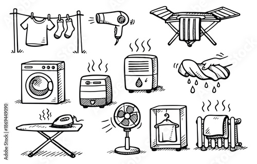 Hand drawn drying and laundry equipment set featuring various household appliances for clothing care