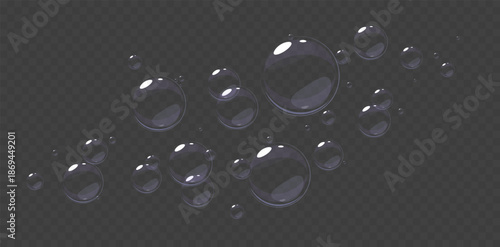 Flying soapy bubbles from soap or shampoo on transparent background. Glossy suds blow. Cosmetic clear spheres group. Cleaning detergent froth reflection. Vector shower 3D ball elements