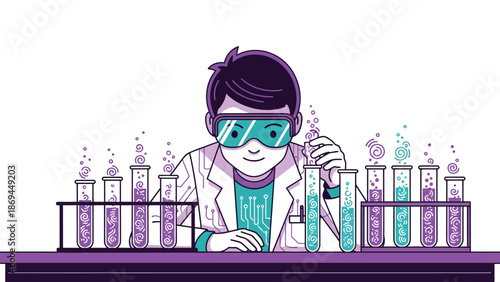 Scientist Conducting Experiment with Test Tubes in Lab Illustration