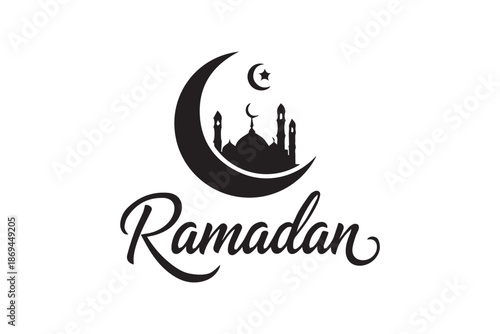 Ramadan greeting card design with crescent moon and mosque silhouette vector illustration on transparent background