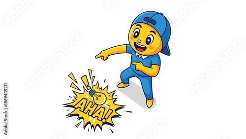 Cartoon Character with Excited Expression Pointing at AHA! Moment Illustration