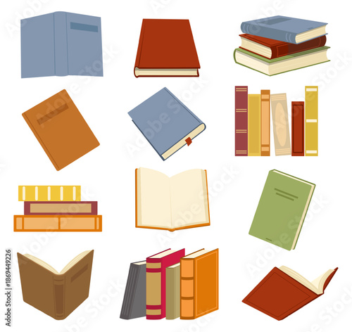 Different books. Open and stacked textbooks. Literature read. Wisdom and knowledge publication. Hardcover fiction novel. Educational encyclopedia. Library or bookstore elements vector set