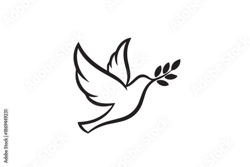 Dove with olive branch symbolizing peace and harmony in simple black line art vector illustration on transparent background