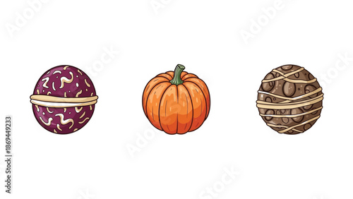 Assortment of three round objects featuring a bright orange pumpkin flanked by two decorative spherical candies or bath bombs with textured designs