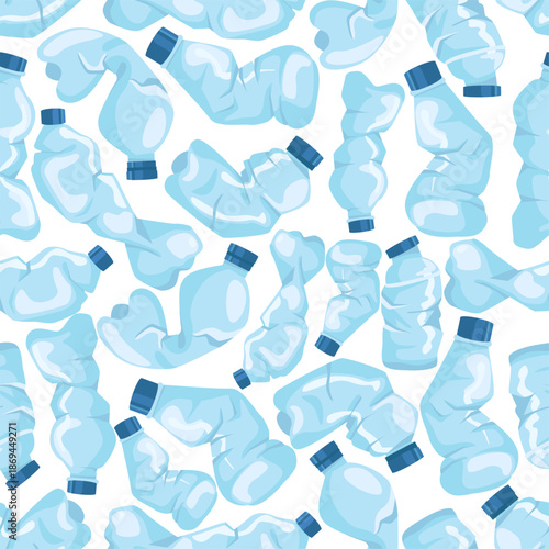 Crumpled and flattened plastic bottles seamless pattern. Crushed containers. Drinking liquid. Repeated print. Empty compressed disposable flasks. Package recycling. Vector background