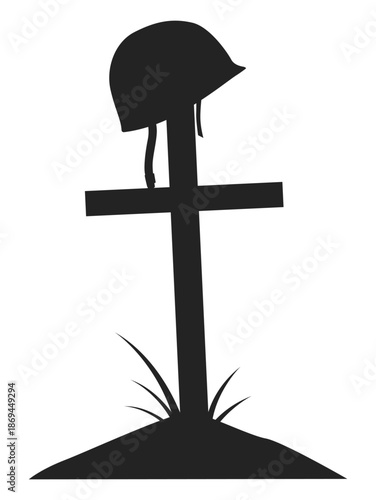 Cross with soldier helmet hanging from it. Warrior grave. Battlefield memorial. Hardhat on tombstone. Military graveyard. Combat remembrance. Black silhouette headstone. Vector concept