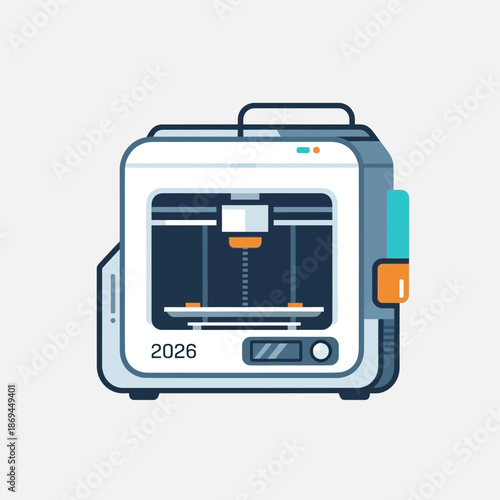 Modern 3D printer illustration with a futuristic design and the year 2026 displayed on its front panel.