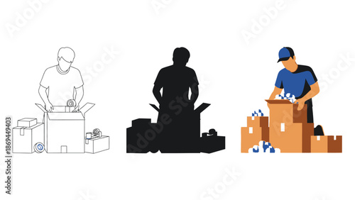 Collection of three vector style illustrations depicting a person diligently packing various sizes of cardboard boxes with items and protective wrapping material for shipment